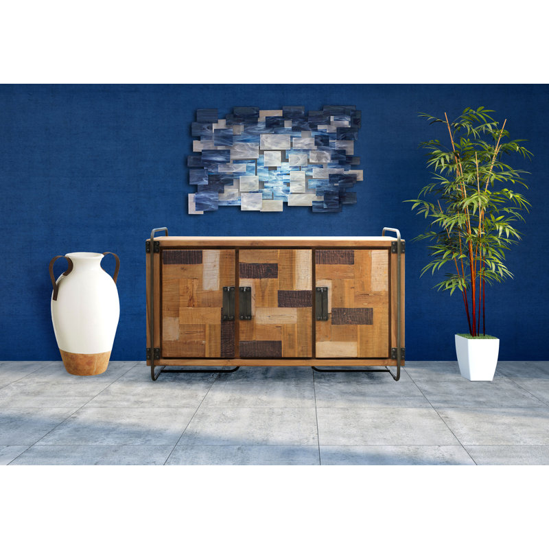 Handcrafted Rustic Teak Wood Media Console with Patterned Cabinet Doors