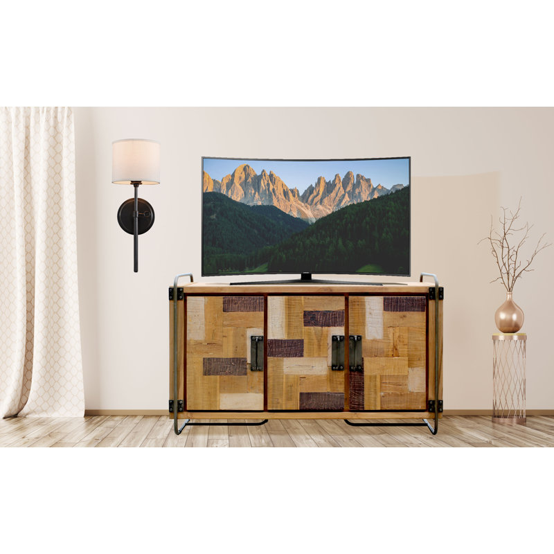 Handcrafted Rustic Teak Wood Media Console with Patterned Cabinet Doors