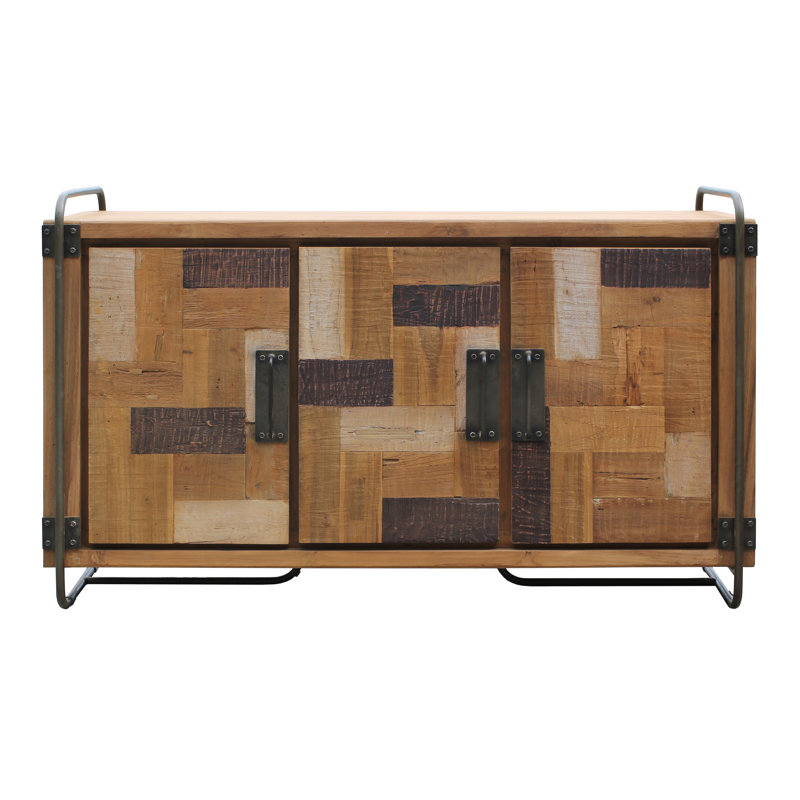 Handcrafted Rustic Teak Wood Media Console with Patterned Cabinet Doors