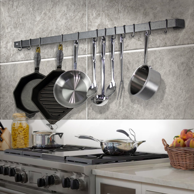 Handcrafted Stainless Steel 42-Inch Wall Rack Utensil Bar with Hooks