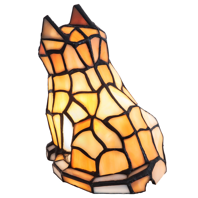 7" Charming White & Orange Stained Glass Cat Accent Lamp