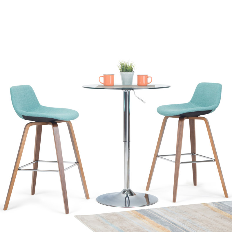 Aqua Blue Linen Bentwood Counter Height Stools with Chrome Footrest, Set of 2