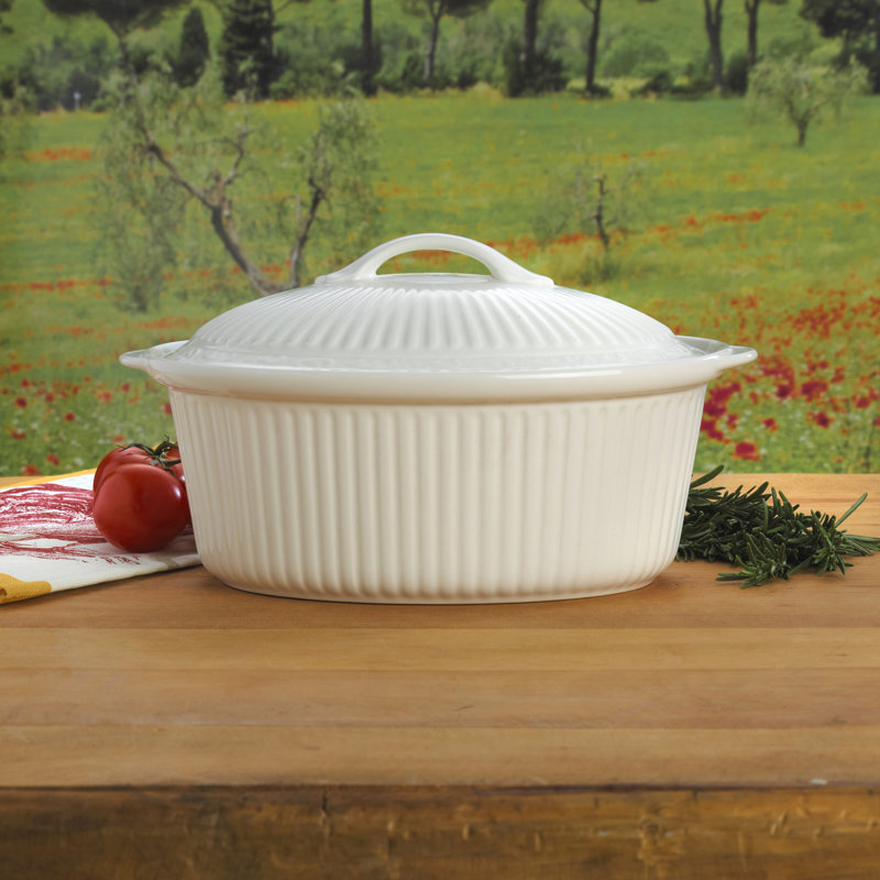 Italian Countryside White Stoneware Oval Casserole Dish with Lid