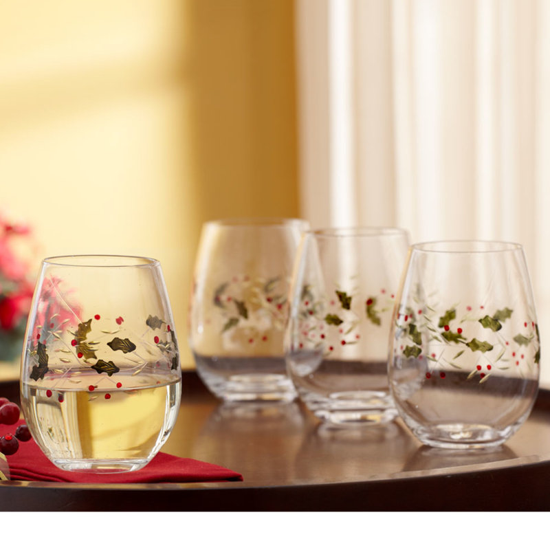 Winterberry Patterned Stemless Christmas Wine Glasses Set of 4