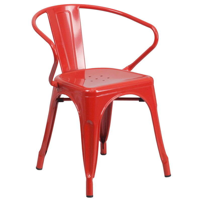 Vibrant Red Steel Slat-Back Indoor-Outdoor Dining Chair with Arms