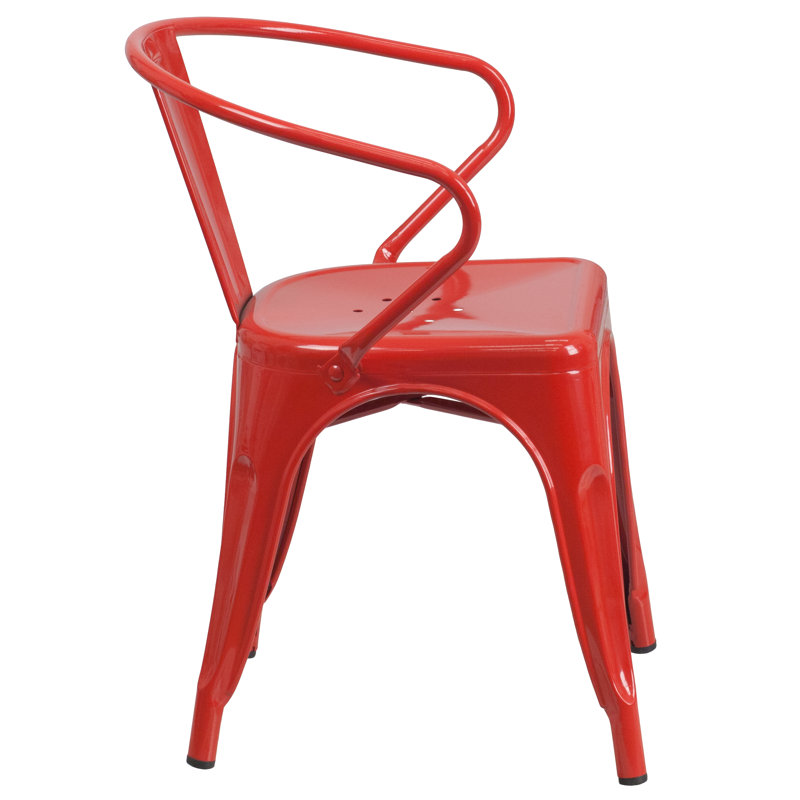 Vibrant Red Steel Slat-Back Indoor-Outdoor Dining Chair with Arms