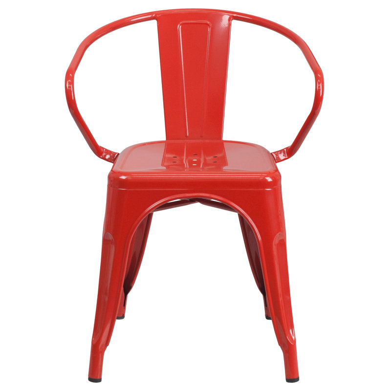 Vibrant Red Steel Slat-Back Indoor-Outdoor Dining Chair with Arms