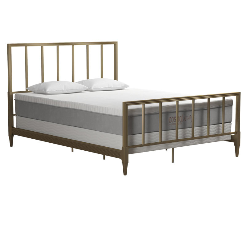 Blair King Size Golden Brass Metal Bed with Engraved Headboard