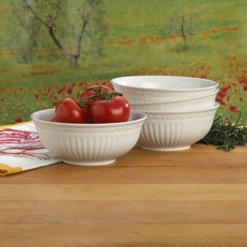 Italian Countryside White Ceramic Ridged Bowls, Set of Four