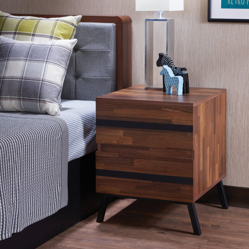 Walnut and Black Modern Rectangular Nightstand with Storage