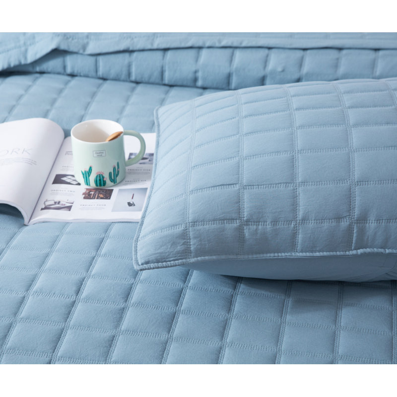 Stonewashed Blue Microfiber King Quilt Set with Reversible Design