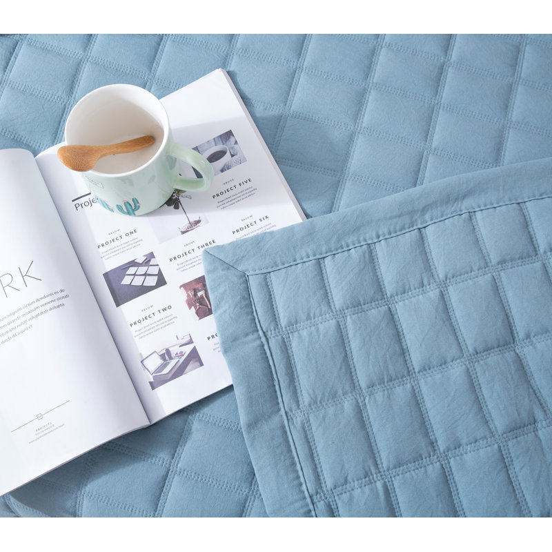 Stonewashed Blue Microfiber King Quilt Set with Reversible Design