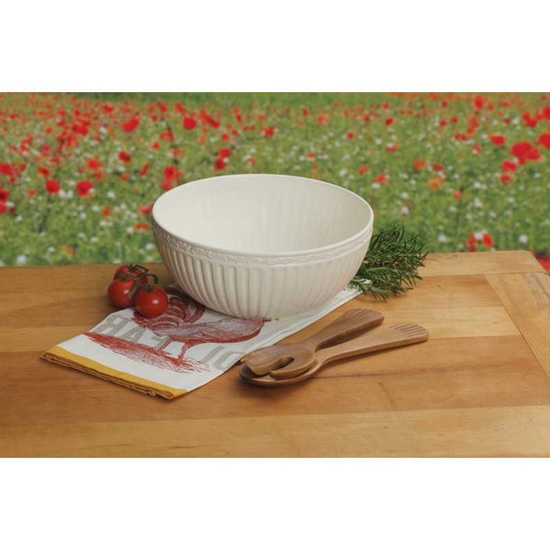 White Ceramic Salad Bowl with Acacia Wood Utensils, 2-Piece Set