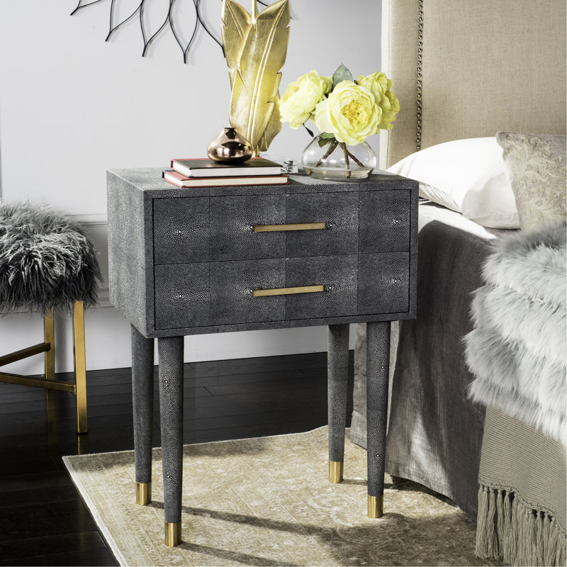Black Faux Shagreen Rectangular End Table with Storage