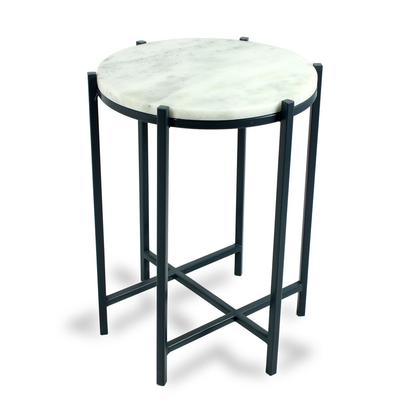 Contemporary Black Stone and Metal Round Side Table, 16"