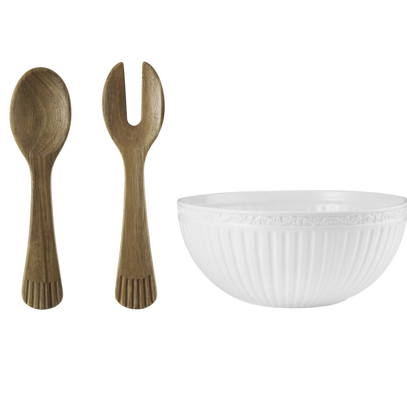 White Ceramic Salad Bowl with Acacia Wood Utensils, 2-Piece Set