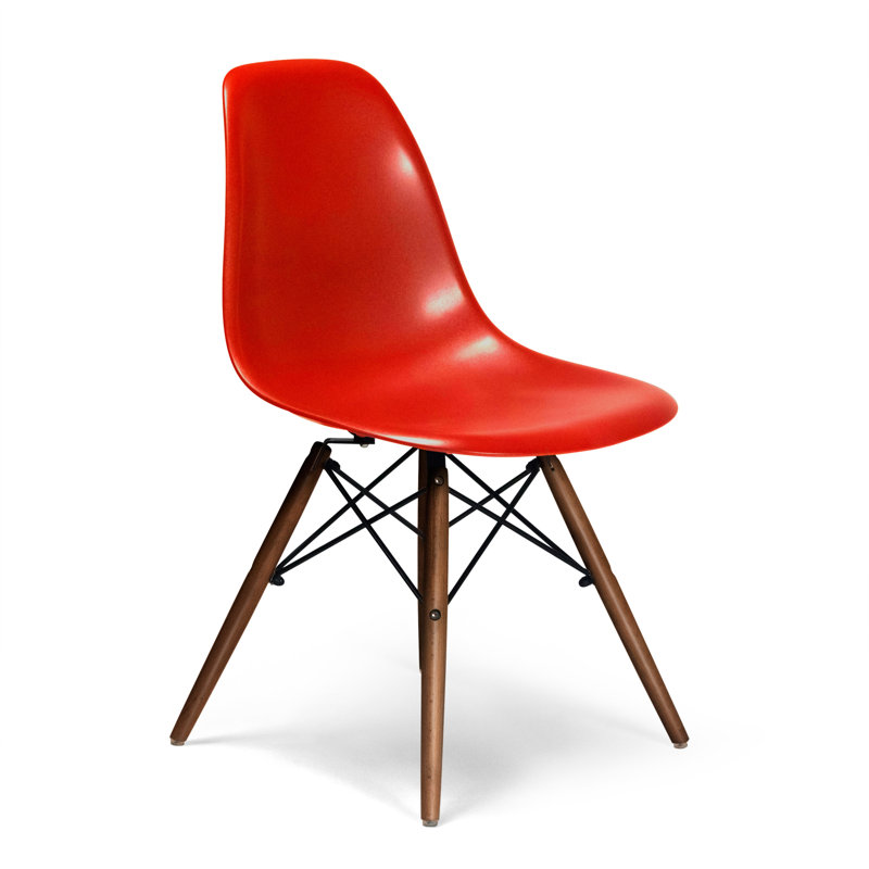 Red Plastic Bucket Seat Side Chair with Walnut Legs, Set of 2