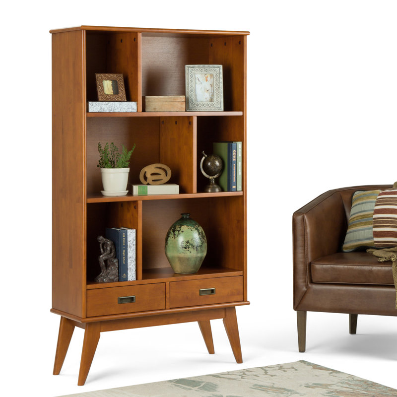 Teak Brown 64" Wood Bookcase with Cubes and Drawers