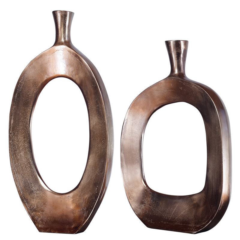 Bronze Open Center Metal Decorative Vase Set