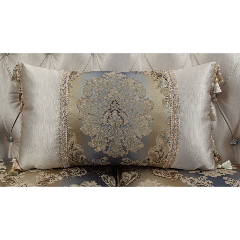 Elegant Antique White Floral Tufted Sofa with Nailhead Trim