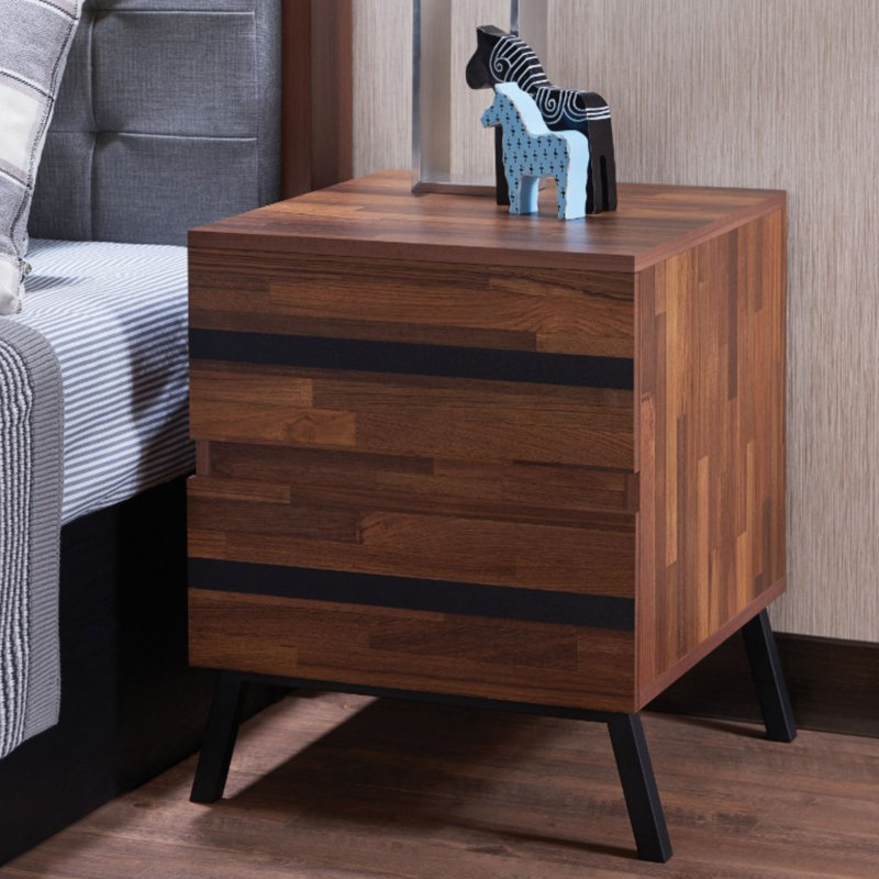 Walnut and Black Modern Rectangular Nightstand with Storage