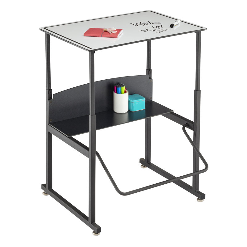 Adjustable Black Steel Standing Desk with Dry Erase Surface and Footrest Bar