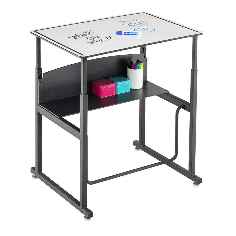 Adjustable Black Steel Standing Desk with Dry Erase Surface and Footrest Bar