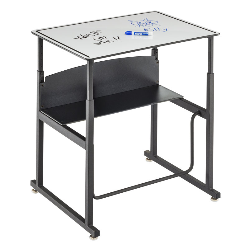 Adjustable Black Steel Standing Desk with Dry Erase Surface and Footrest Bar