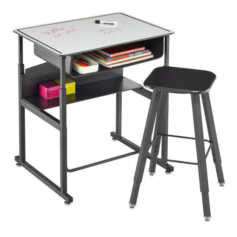 Adjustable Height Black Steel Desk with Drawer and Filing Cabinet