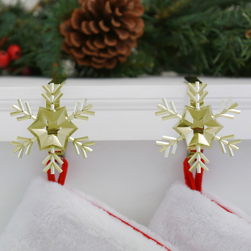 Gold Snowflake Steel MantleClip Stocking Holders, 2-Pack