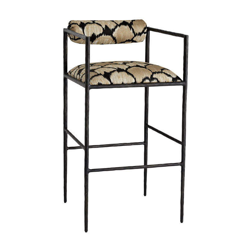 Barbana 30" Black Hand-Forged Metal Bar Stool with Embroidered Cushion