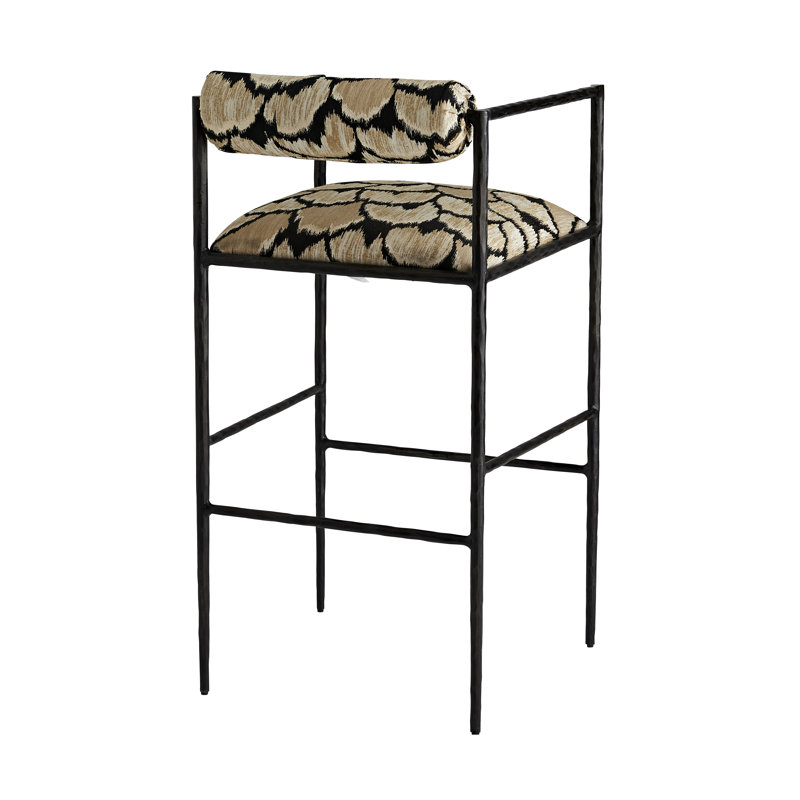 Barbana 30" Black Hand-Forged Metal Bar Stool with Embroidered Cushion