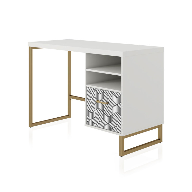 White MDF Single Pedestal Desk with Gold Legs and Drawer