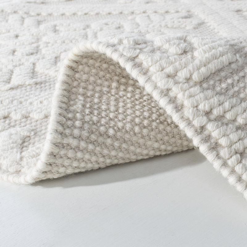 Elegant Ivory Hand-Knotted Wool-Cotton Blend Area Rug, 10' x 14'