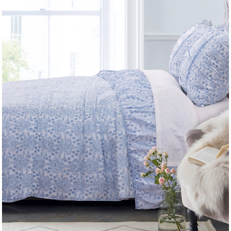 King Blue Microfiber Gathered Quilt Set