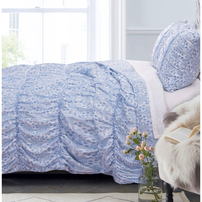 King Blue Microfiber Gathered Quilt Set