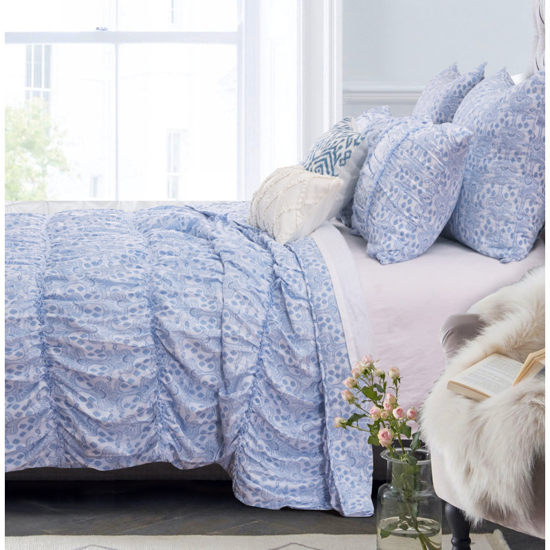 King Blue Microfiber Gathered Quilt Set
