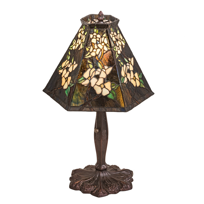 Blue Stained Glass Peony Table Lamp with Bronze Base