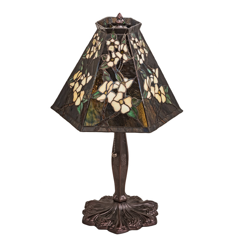 Blue Stained Glass Peony Table Lamp with Bronze Base