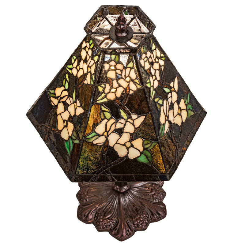 Blue Stained Glass Peony Table Lamp with Bronze Base