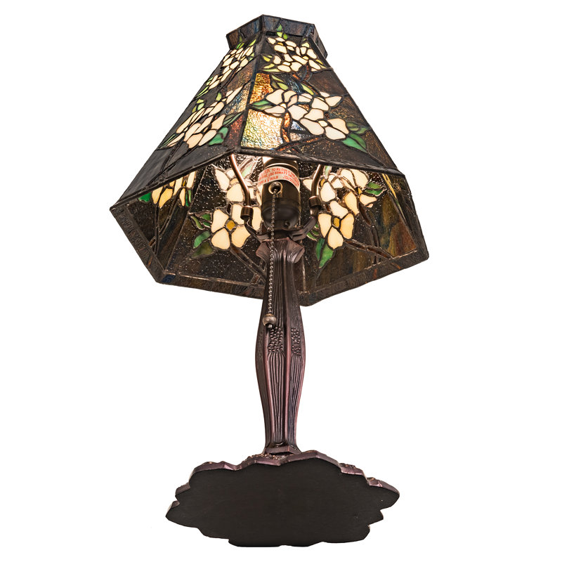 Blue Stained Glass Peony Table Lamp with Bronze Base