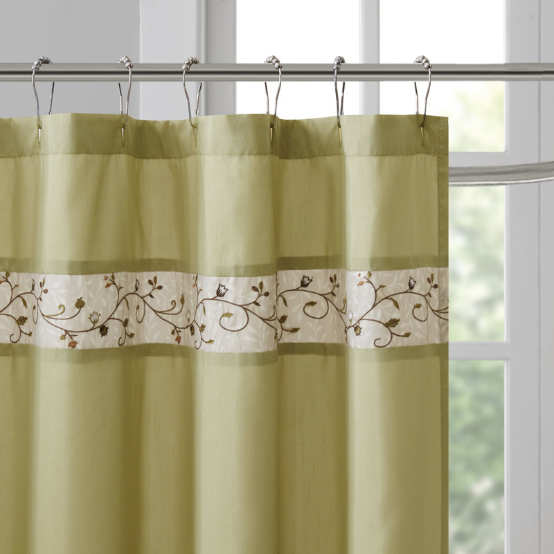 Green and Beige Faux Silk Embroidered Floral Shower Curtain