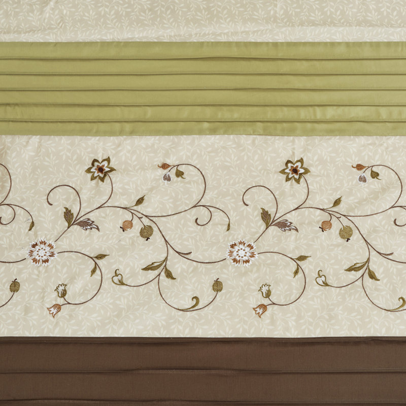 Green and Beige Faux Silk Embroidered Floral Shower Curtain