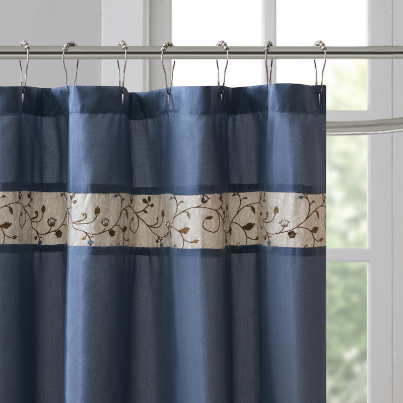 Navy Faux Silk Embroidered Floral Shower Curtain