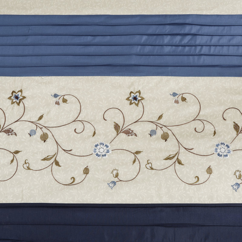 Navy Faux Silk Embroidered Floral Shower Curtain