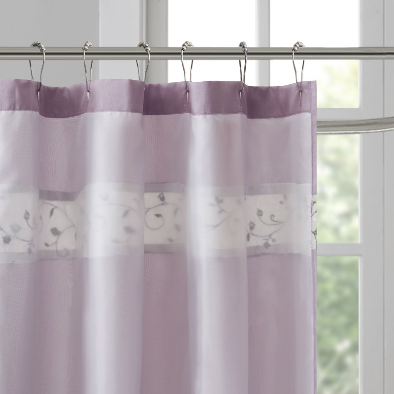 Purple Faux Silk Embroidered Floral Shower Curtain