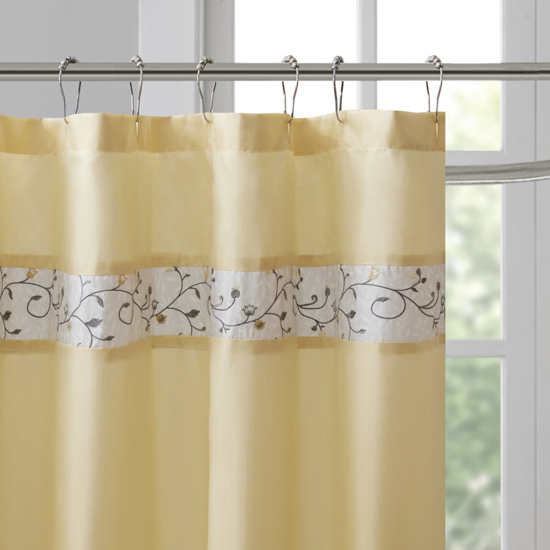 Embroidered Floral Faux Silk Shower Curtain in Yellow and Gray