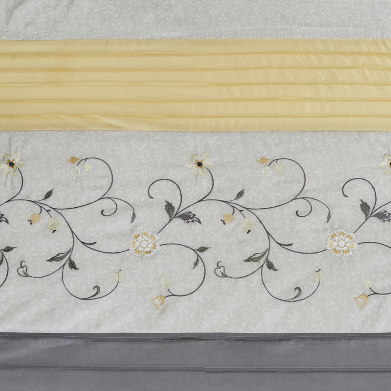 Embroidered Floral Faux Silk Shower Curtain in Yellow and Gray