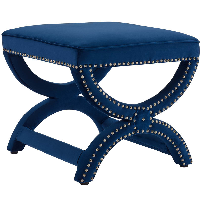 Navy Blue Tufted Velvet Footstool with Nailhead Trim