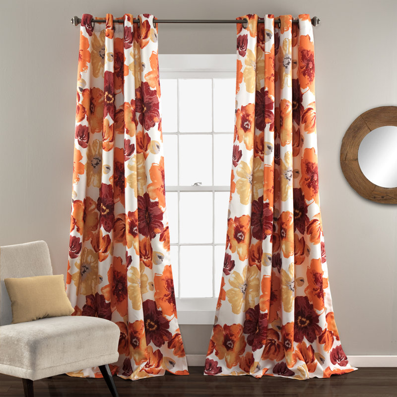 Red and Orange Floral Blackout Grommet Drapes, 52"x84"
